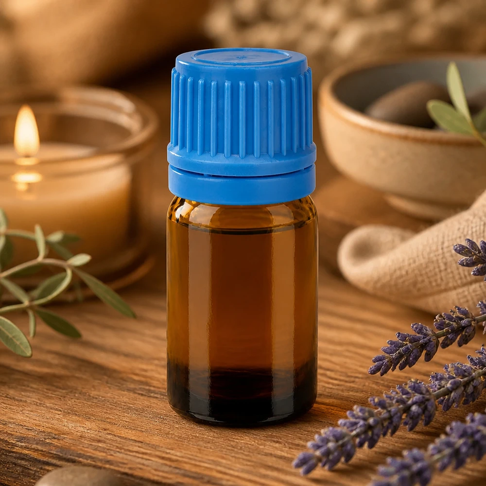 Frasco boticario pequeño de 5 ml de vidrio marrón con tapón de rosca azul para cosméticos