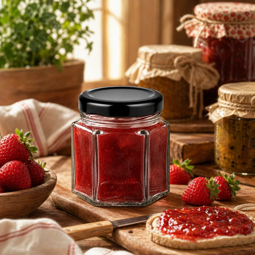 Tarro hexa de 47ml con tapa BasicSeal negra UNiTWIST Tarro hexagonal de 47ml con tapa negra lleno de mermelada de fresa en cocina rústica con fresas frescas