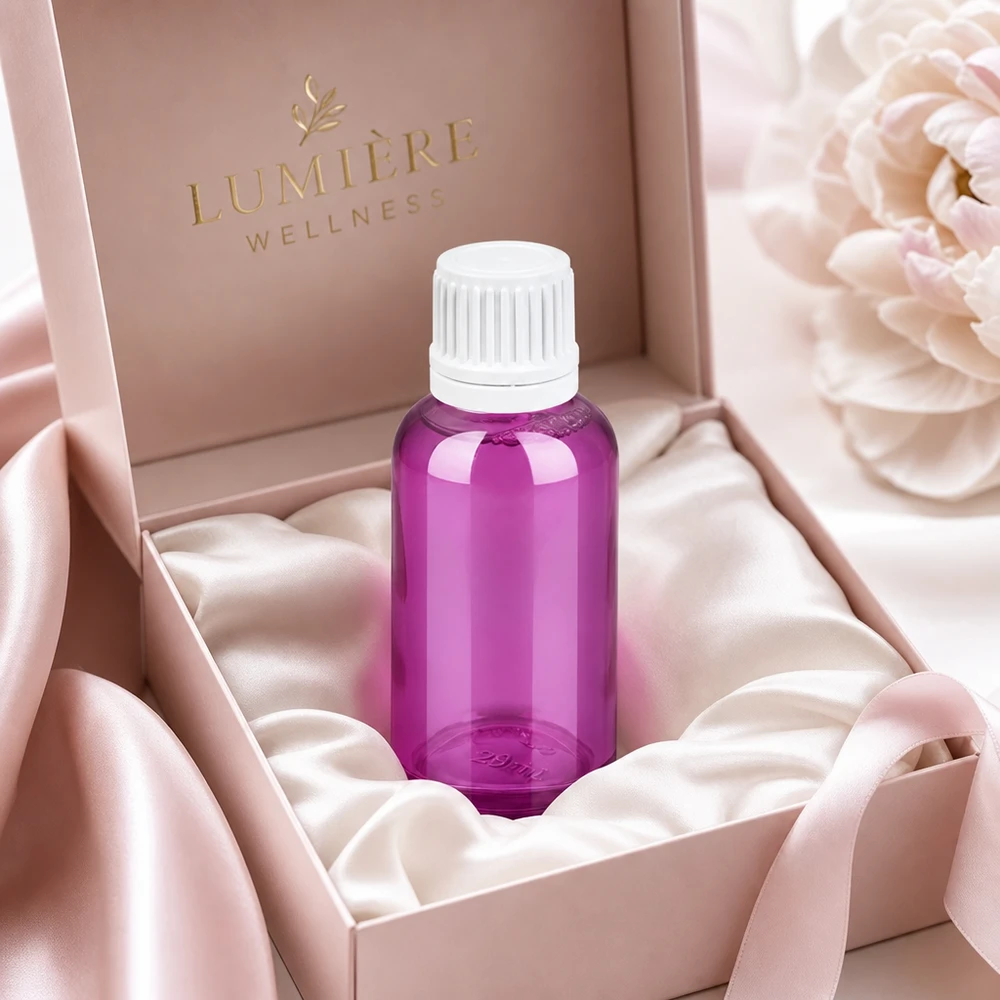 Frasco cuentagotas de 30 ml de color violeta con un gotero de precisión de 0,7 mm para una aplicación controlada