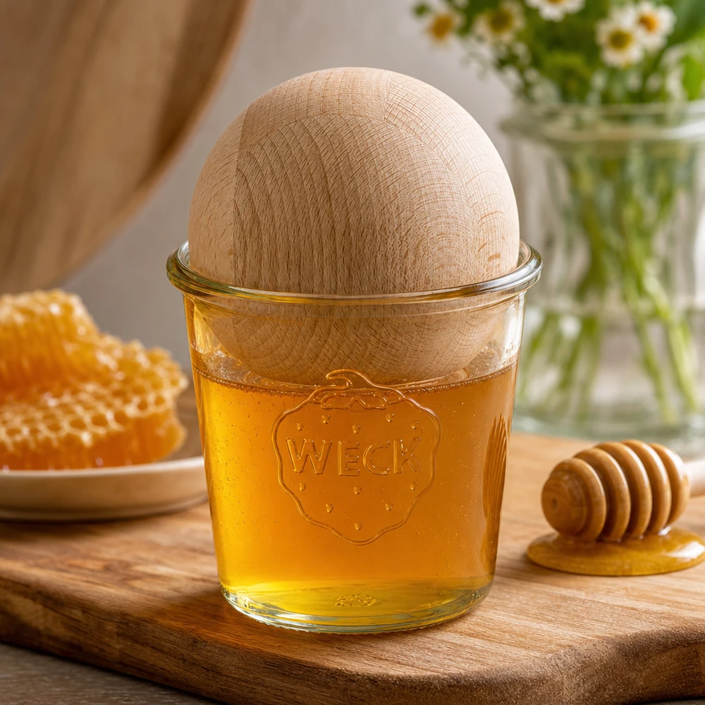 Vasos de 580ml WECK RR100 con bola de madera de haya WECK RR100 580ml mason jar con bola de madera de haya llena de miel sobre tabla de madera junto a panal y cuchara de miel