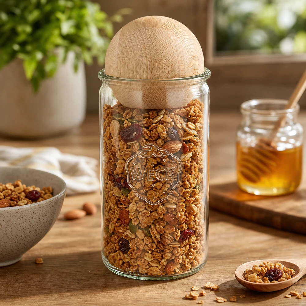 Vaso cilíndrico de 1590ml WECK RR100 con bola de madera de haya WECK tarro de almacenamiento 1590ml RR100 lleno de muesli y frutos secos muestra el uso práctico de cocina con tapón de bola de madera