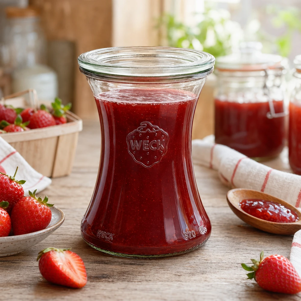 Tarro de cristal para productos delicados de 370 ml con tapa de cristal WECK RR80 El tarro de delicatessen WECK de 370 ml lleno de mermelada de fresa muestra el uso práctico del tarro de conserva RR80 en la cocina