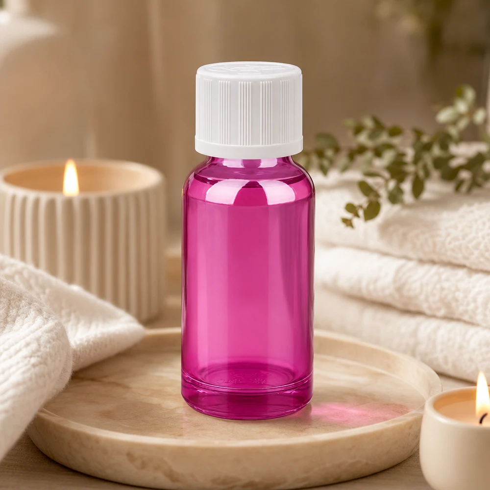 Frasco cuentagotas compacto de 20 ml de color púrpura intenso con tapón estriado para una manipulación segura