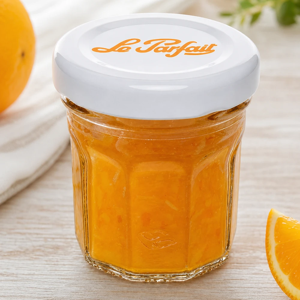 Le Parfait® Mini‑Jam 44 ml Ø48 mm tarro Le Parfait mini vasos 44ml rellenos de mermelada de naranja y tapa blanca junto a rodajas de naranja fresca