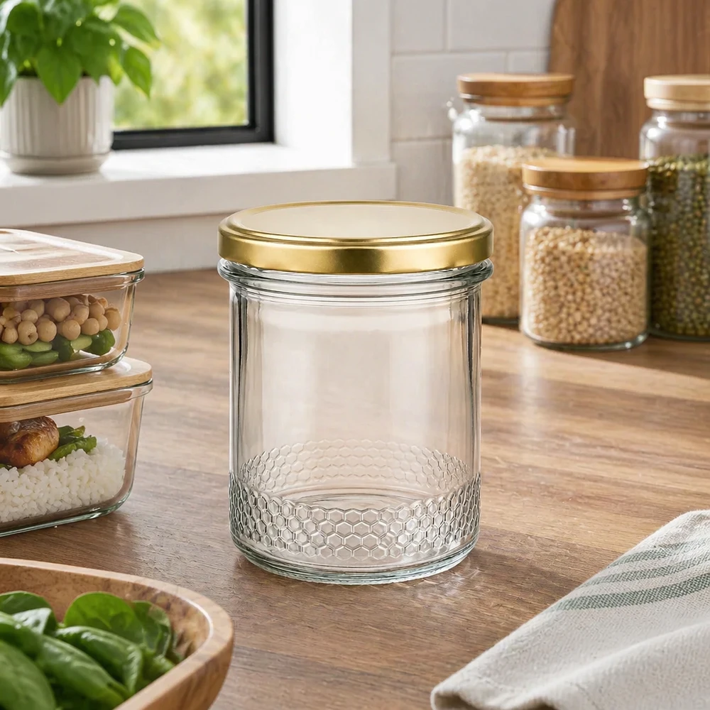 Tarro de miel vacío de 400 ml con tapa dorada BasicSeal UNiTWIST en una cocina moderna entre tarros de almacenamiento