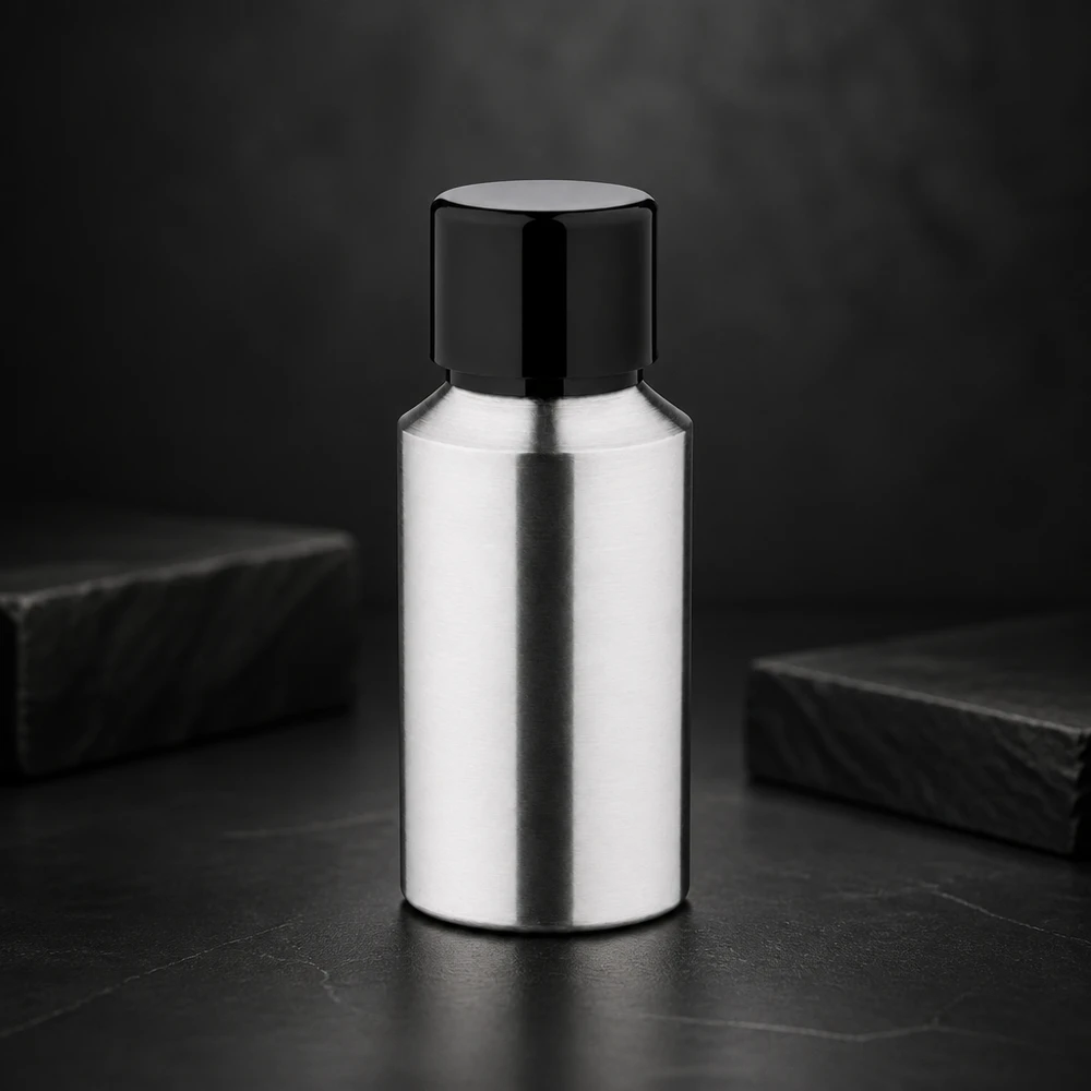 Frasco de aluminio de 30 ml de alta calidad con superficie de acabado espejo y tapón negro para productos de primera calidad