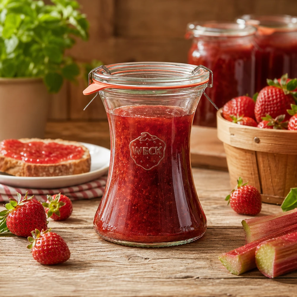 Tarro de conserva WECK 370ml lleno de mermelada de fresa Ejemplo de aplicación para conservar mermelada y confitura