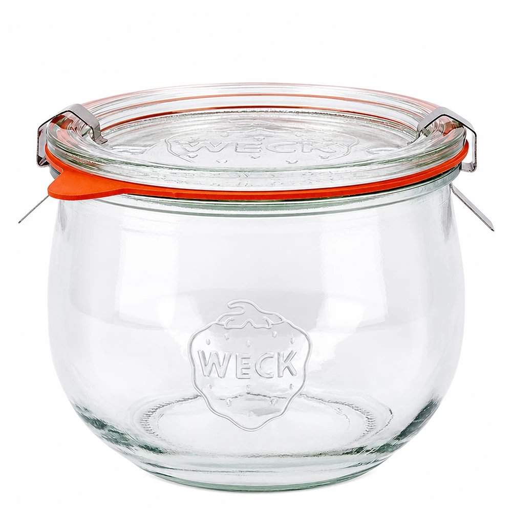 Tarro de tulipán de 580 ml completo WECK RR100 Tarro tulipán WECK 580ml RR100 con tapa de cristal y anillo de goma naranja, tarro clásico para conservas de cristal transparente