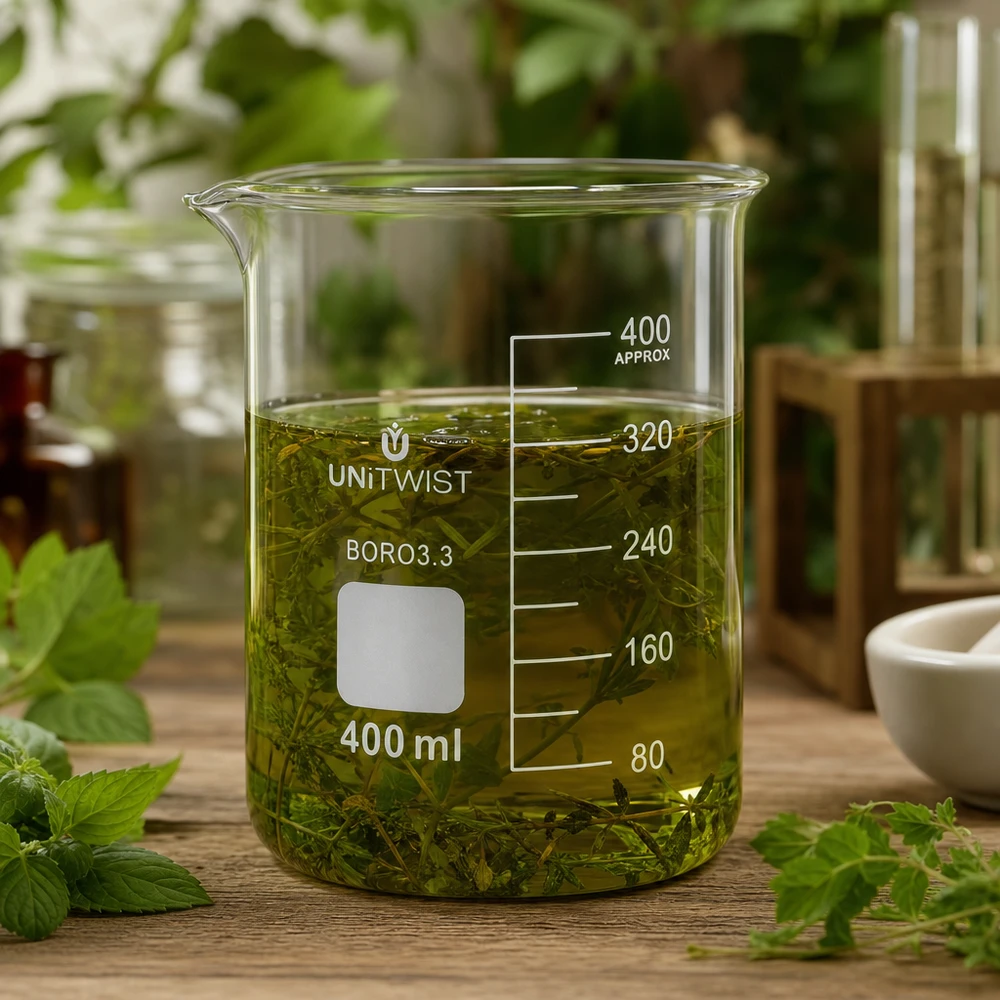 Vaso de cristal UNiTWIST de 400 ml con extracto de hierbas verdes sobre una mesa de madera, rodeado de hierbas frescas