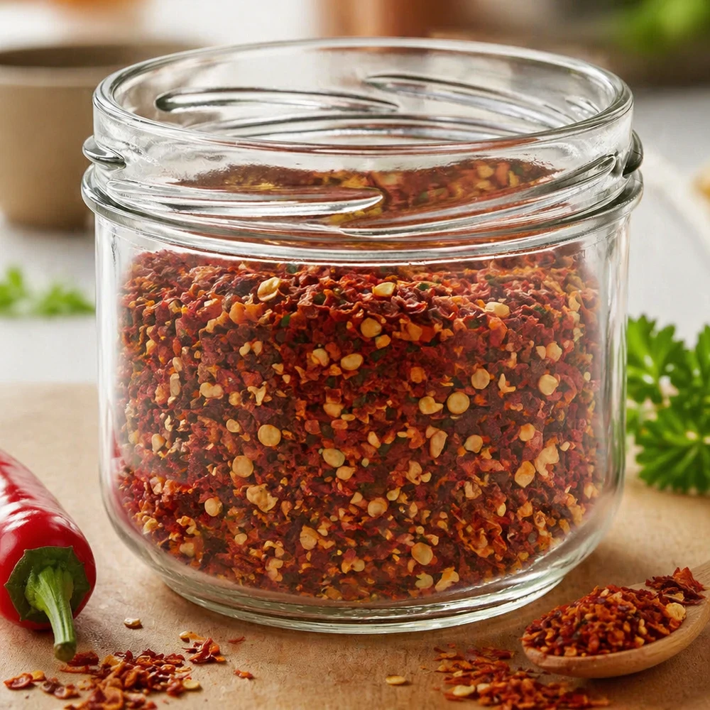 UNiTWIST Sturz260 vaso redondo 260ml TO82 relleno de mezcla de especias con chile sobre tabla de madera con hierbas aromáticas