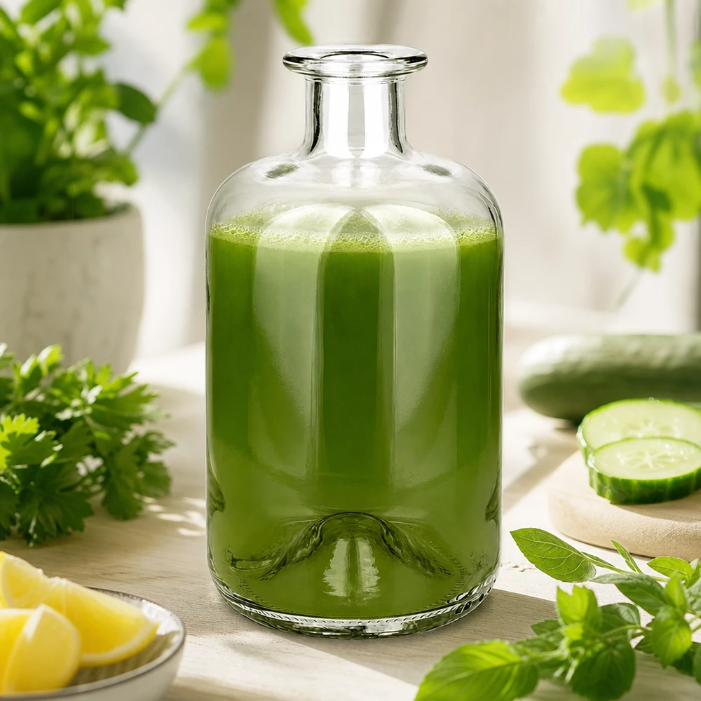 Botella de farmacéutico Luna 500ml llena de batido verde rodeado de hierbas frescas pepino y limón como bebida de bienestar.