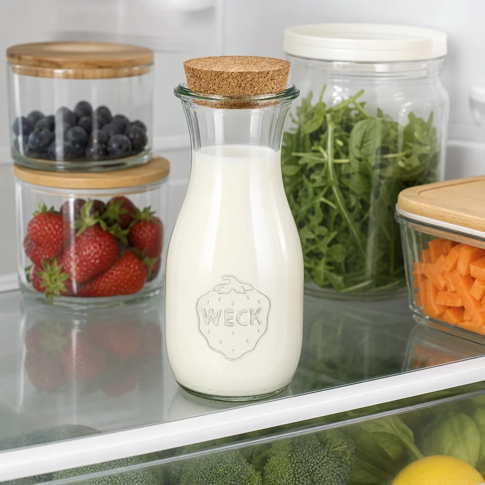 Botella de zumo WECK de 530 ml llena de leche en el frigorífico junto a tarros con bayas, ensalada y verduras
