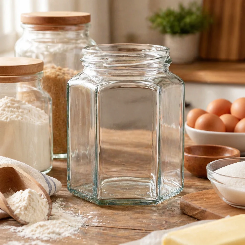 Tarro hexa de 288ml sin tapa (TO63) UNiTWIST UNiTWIST Hexa288 tarro de conserva hexagonal 288ml TO63 vacío sobre tabla de madera en cocina con ingredientes para cocinar