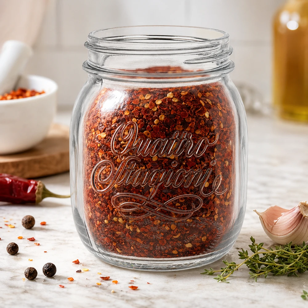 Tarro doméstico Quattro Stagioni de 700 ml lleno de mezcla de especias de guindilla en la encimera de la cocina con hierbas y ajo