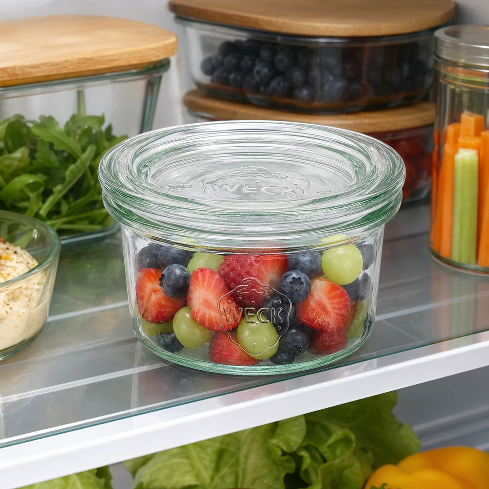 Vasos WECK de 50 ml con mezcla de bayas en el frigorífico para guardar fruta y alimentos frescos