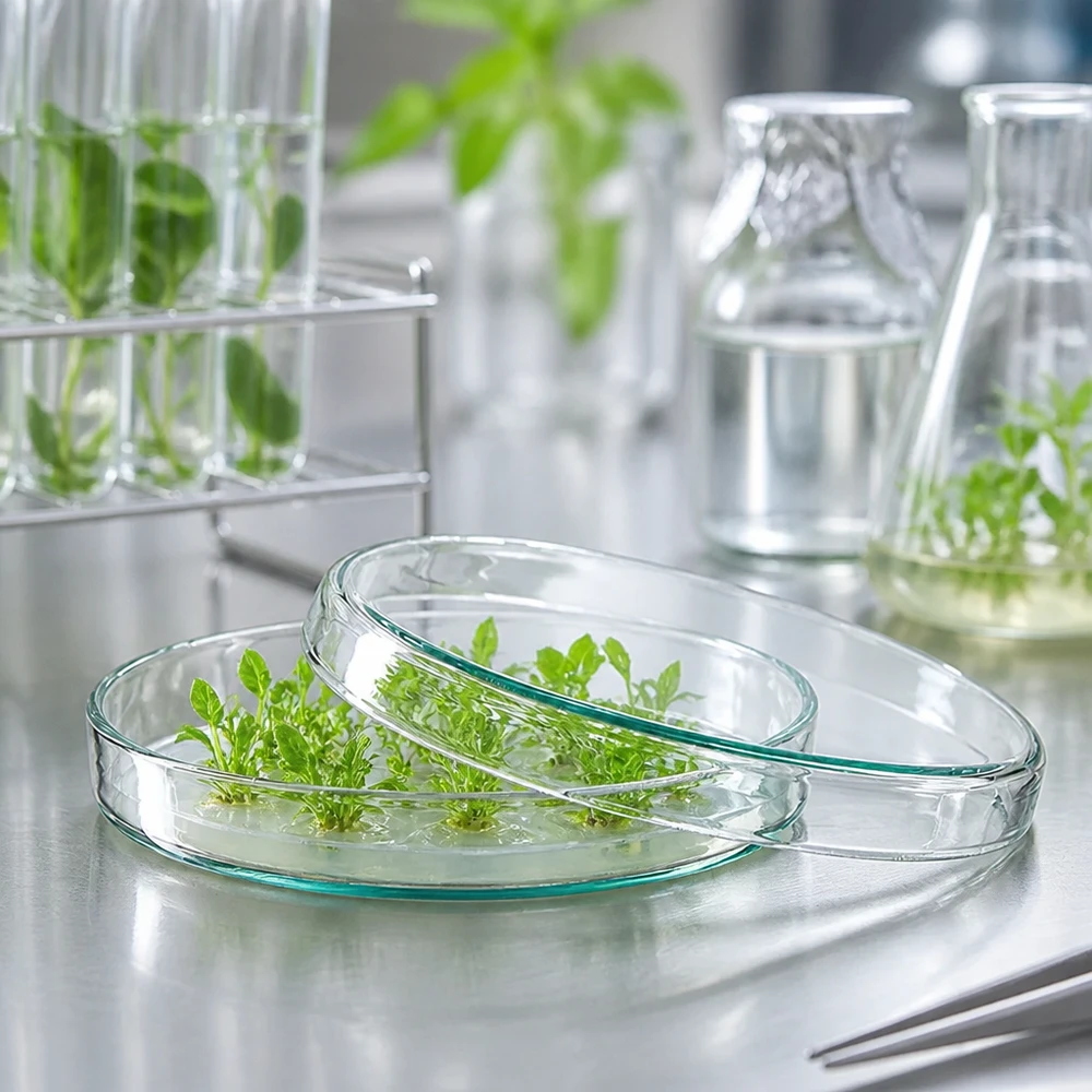 Placa de Petri de cristal de 90 x 15 mm con cultivos de plantas verdes en medio de cultivo en el laboratorio de biotecnología
