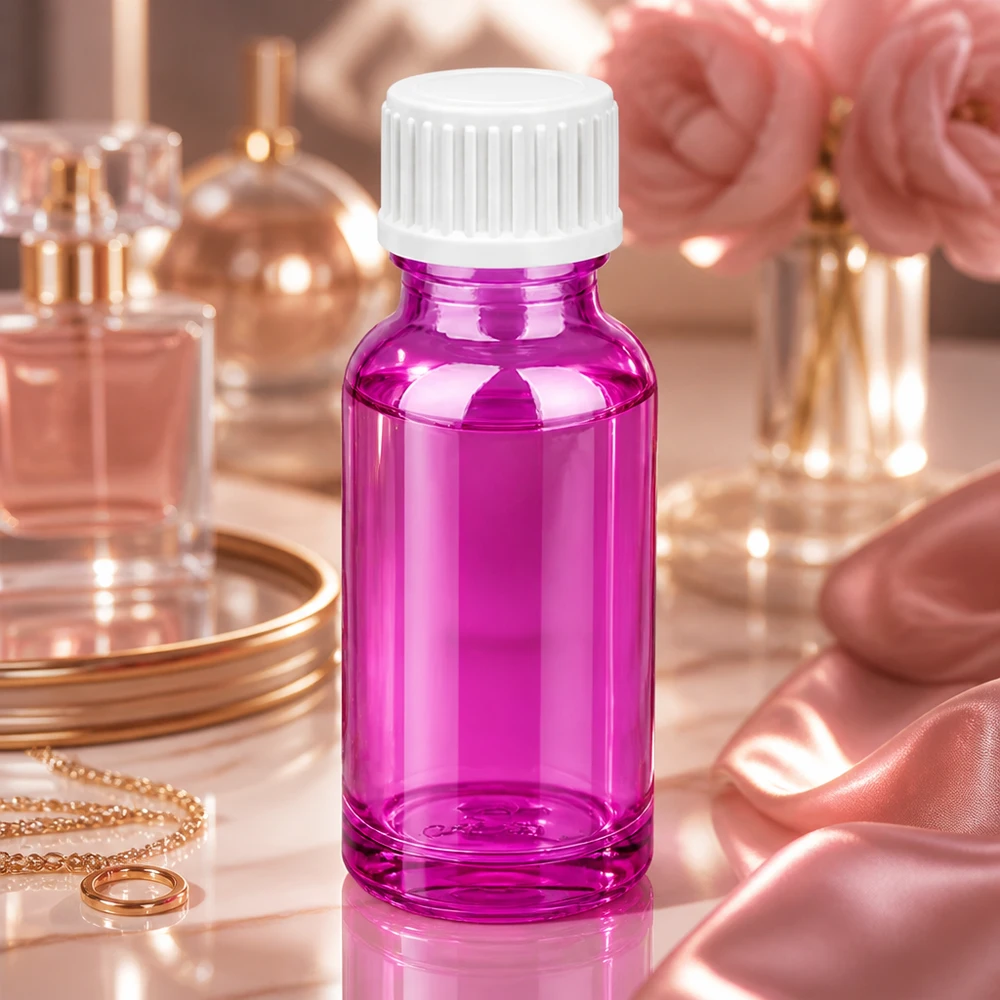 Frasco de vidrio de 20 ml de color morado brillante con tapón de rosca a prueba de niños