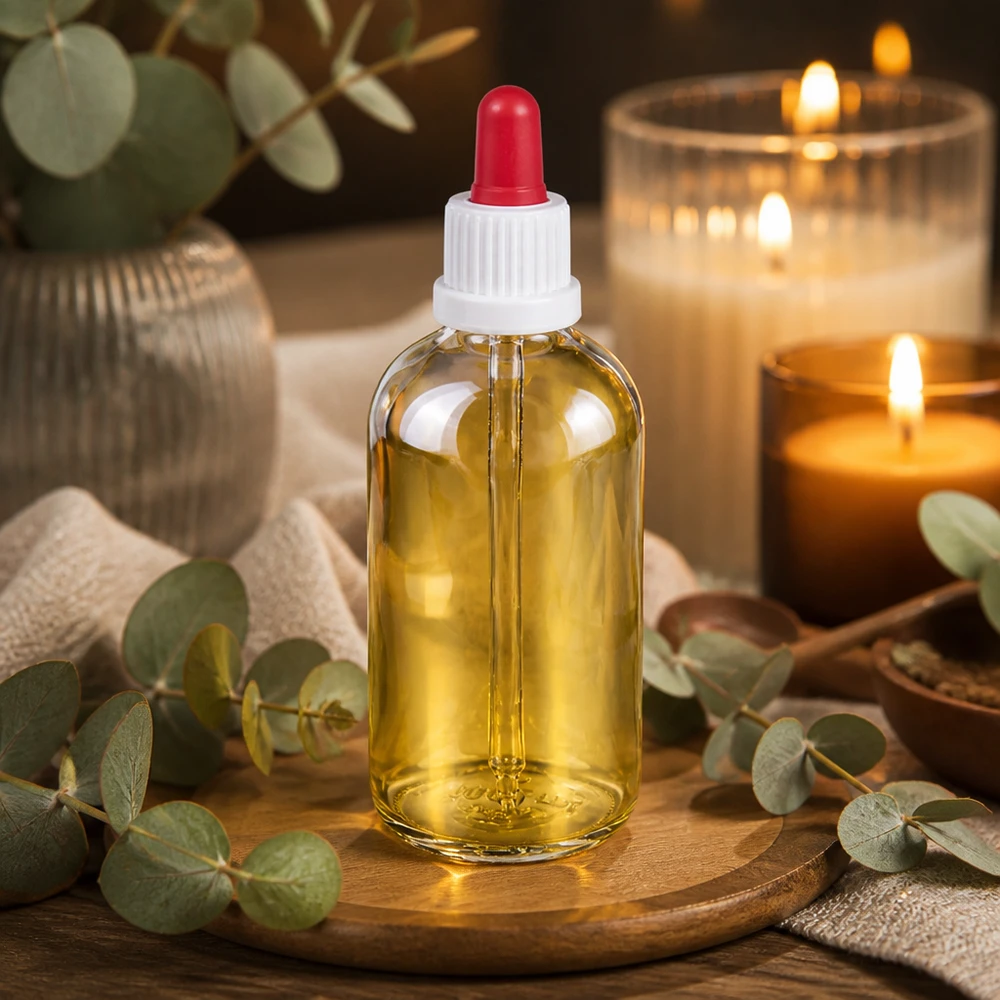 Frasco pipeta 100ml blanco/rojo cierre inviolable ClearLine UT18/100 Aceite esencial en frasco de cristal de 100 ml con tapón de pipeta, blanco y rojo, ClearLine UT18 Wellness