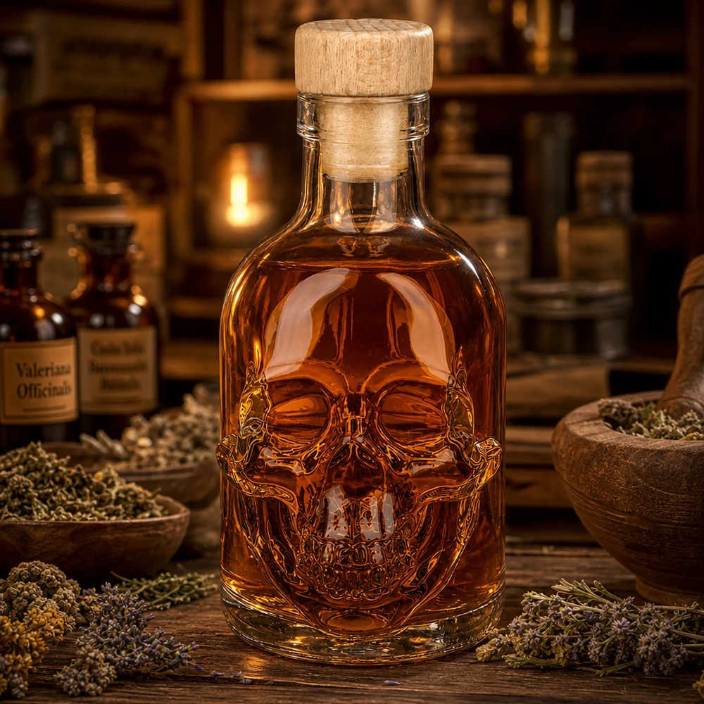 Ambiente de botica con botella de vidrio de calavera de 200 ml de Jack, hierbas y líquido de color ámbar sobre mesa de madera.