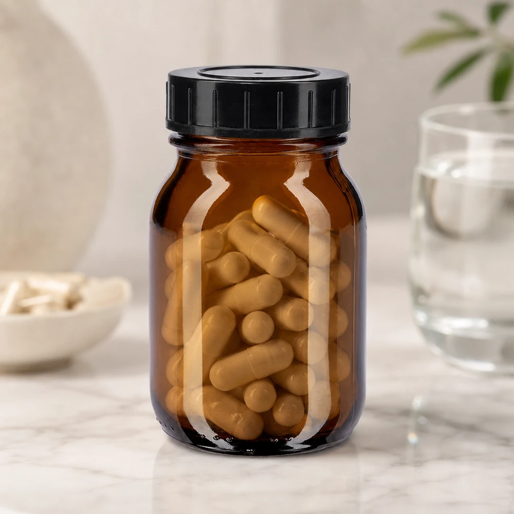 Frasco de vidrio ámbar de 75 ml de alta calidad con tapón de rosca para una conservación óptima de los complementos alimenticios