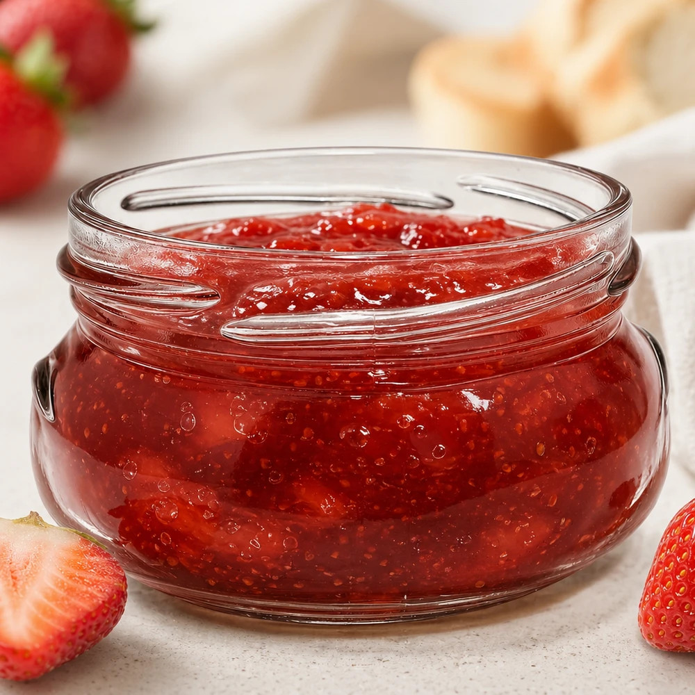 UNiTWIST Terrina120 tarrina 120ml TO70 rellena de mermelada de fresa roja junto a fresas frescas