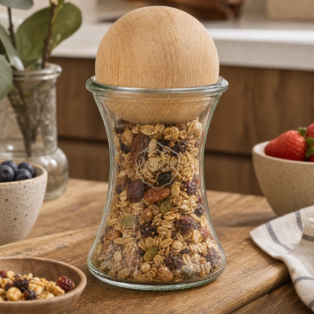Tarro para delicatessen WECK RR80 de 370ml con bola de madera de haya WECK Vorratsglas 370ml mit Buchenholzkugel gefüllt mit Müsli Nüssen auf Holzbrett Küchendeko stylisch