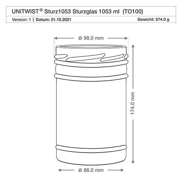 Vaso UNiTWIST 1053ml TO100 dibujo técnico con dimensiones Diámetro 98mm Altura 174mm Peso 574g