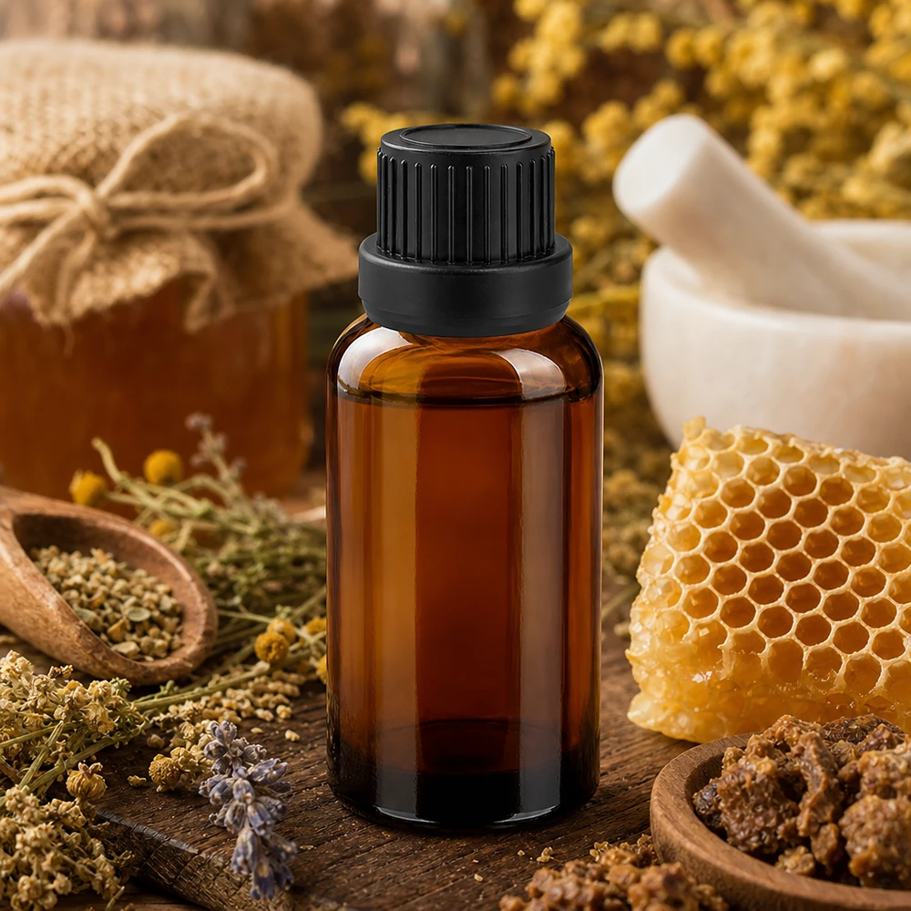Pequeño frasco cuentagotas de 30 ml en elegante vidrio ámbar con tapón negro para una aplicación precisa