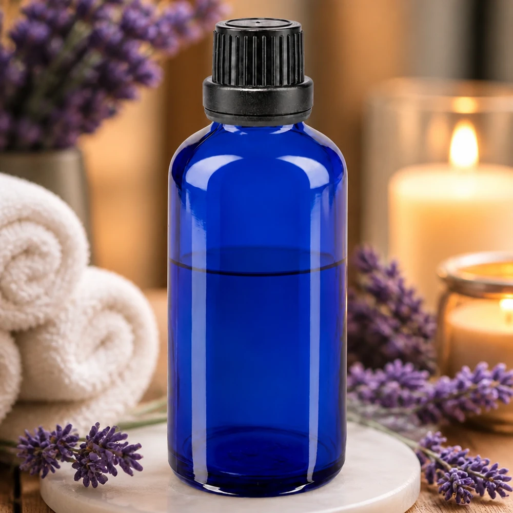 Frasco cuentagotas azul de 50 ml con tapón OV negro para aceites esenciales, con base de madera y aroma a lavanda