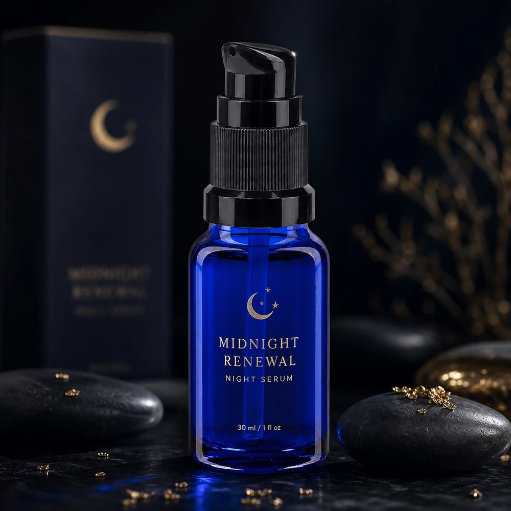 Frasco de farmacia azul de 10 ml con dosificador de bomba STD y dosificador negro para sérum nocturno y cuidado facial