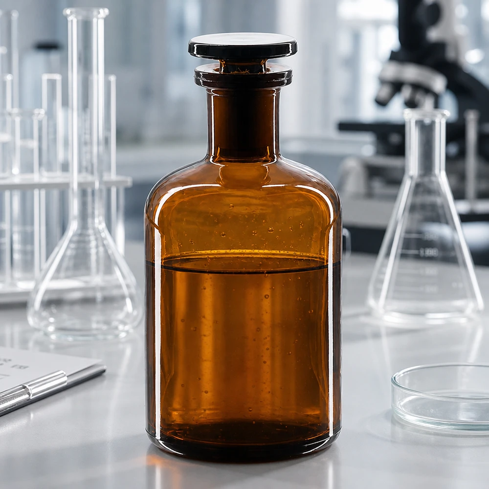 Botella de hombros redondeados de 100 ml, de vidrio ámbar y cuello estrecho, con tapón de vidrio, para entornos de laboratorio profesionales