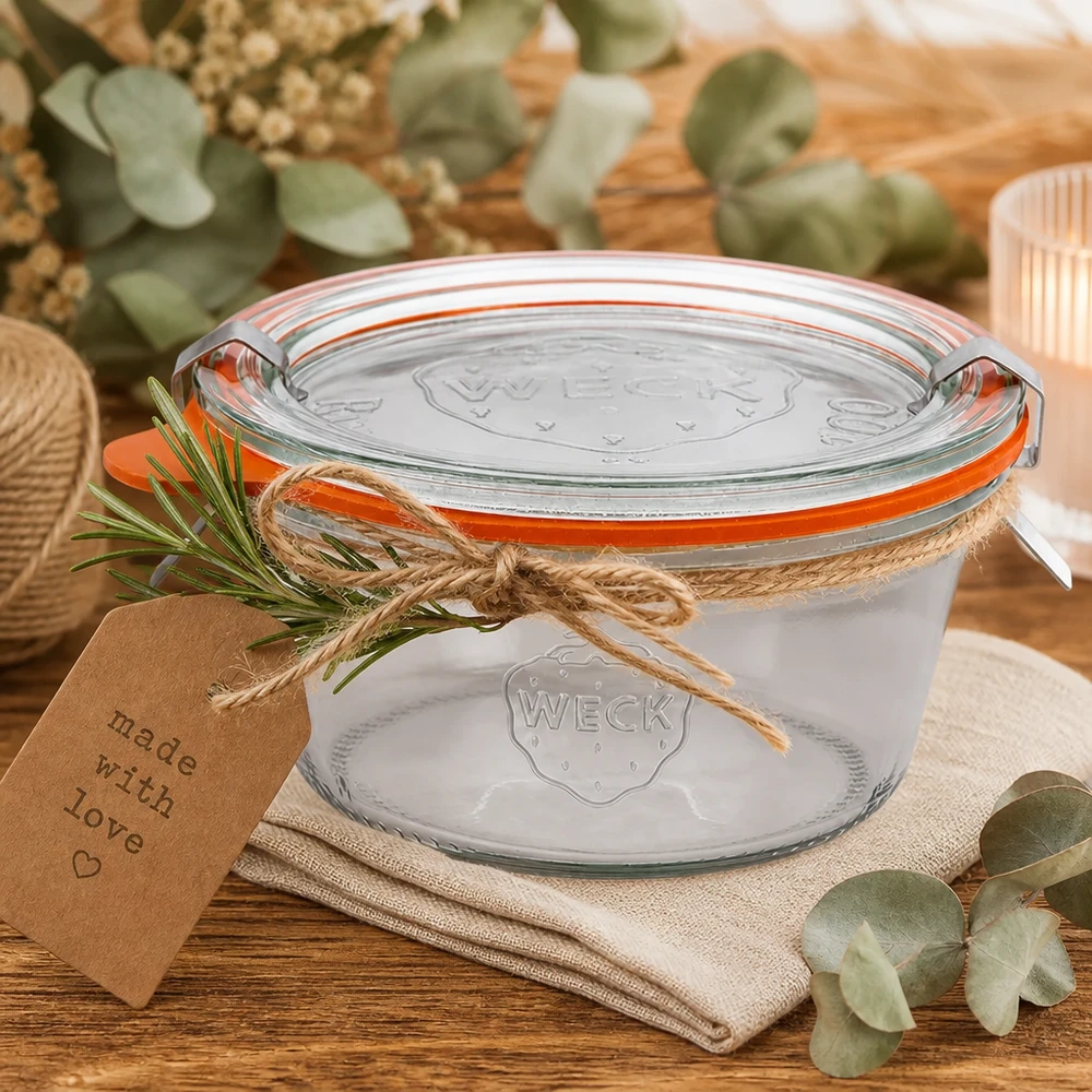 Vaso WECK 290ml RR100 como idea de regalo decorado con cuerda de yute romero y colgante Made with Love