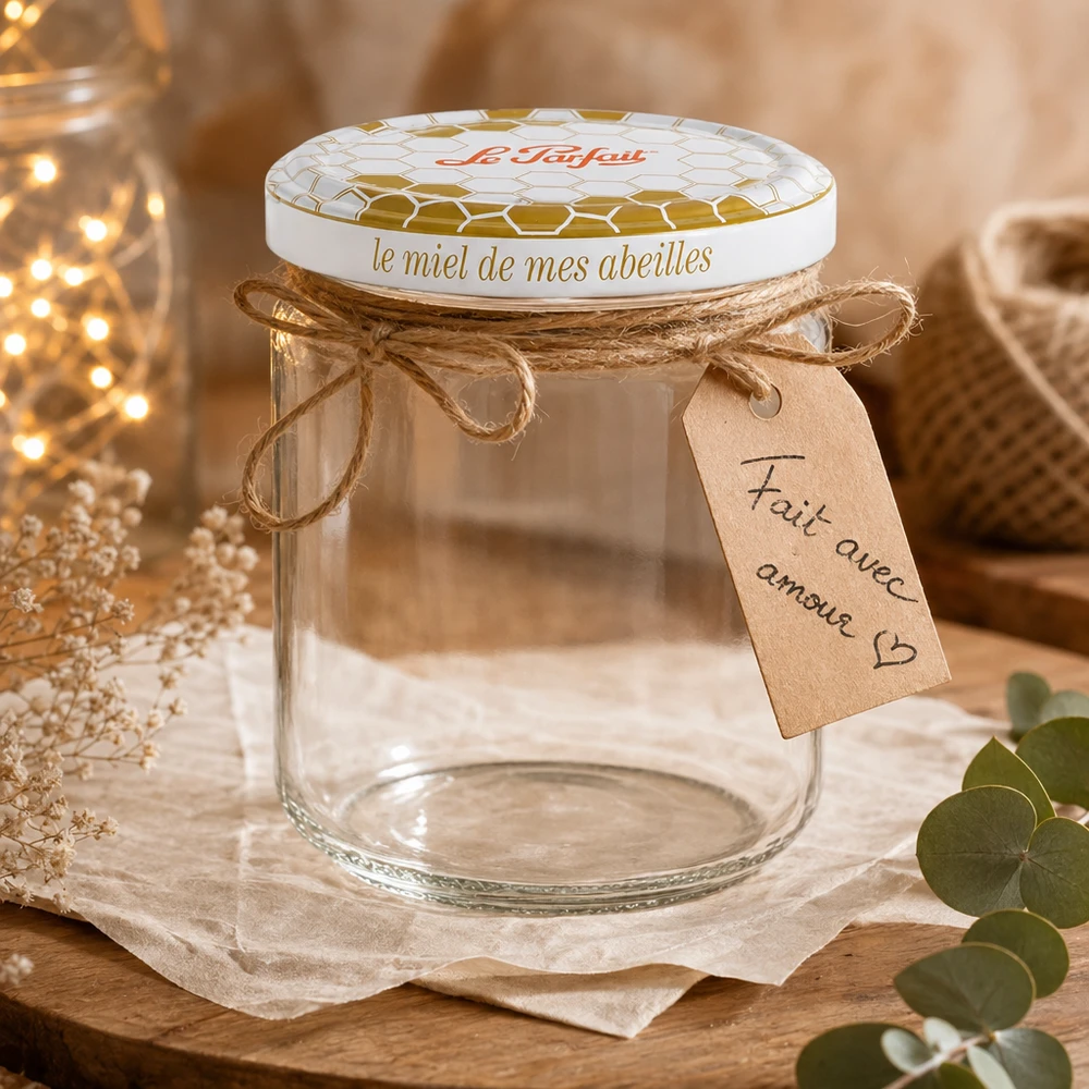 Tarro de miel Le Parfait de 212 ml decorado con caja de regalo, cordón de yute y etiqueta manuscrita