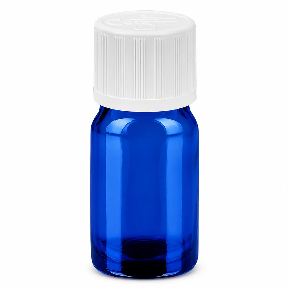 Frasco de vidrio azul de 5 ml con tapón de rosca blanco para aplicaciones de laboratorio y almacenamiento de muestras