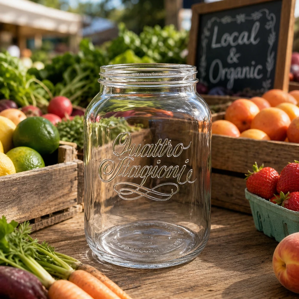 Vaso doméstico Quattro Stagioni de 3000 ml sobre una mesa de madera con fruta y verdura fresca del mercado de los agricultores