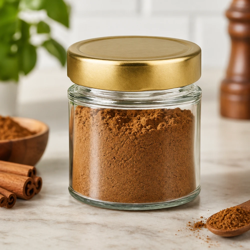Tarro redondo de 154 ml con tapa BasicSeal dorada profunda UNiTWIST 154ml tarro redondo BasicSeal oro lleno de polvo marrón canela especias cocina escenografía almacenamiento tarro de almacenamiento