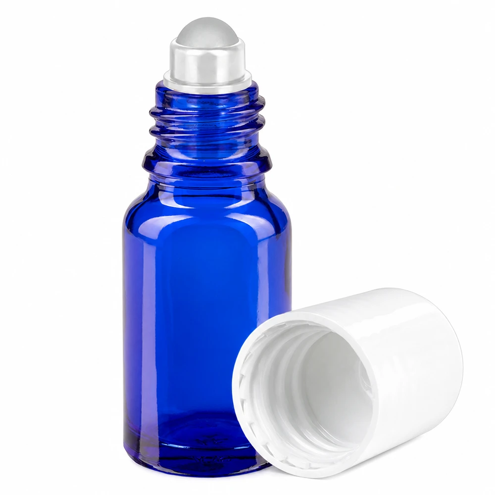 Frasco de vidrio azul de 10 ml con aplicador roll-on para aceites esenciales y cosméticos