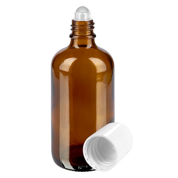 Botella de farmacia marrón 100ml tapón roll-on blanco Botella de farmacia marrón 100ml tapón roll-on blanco