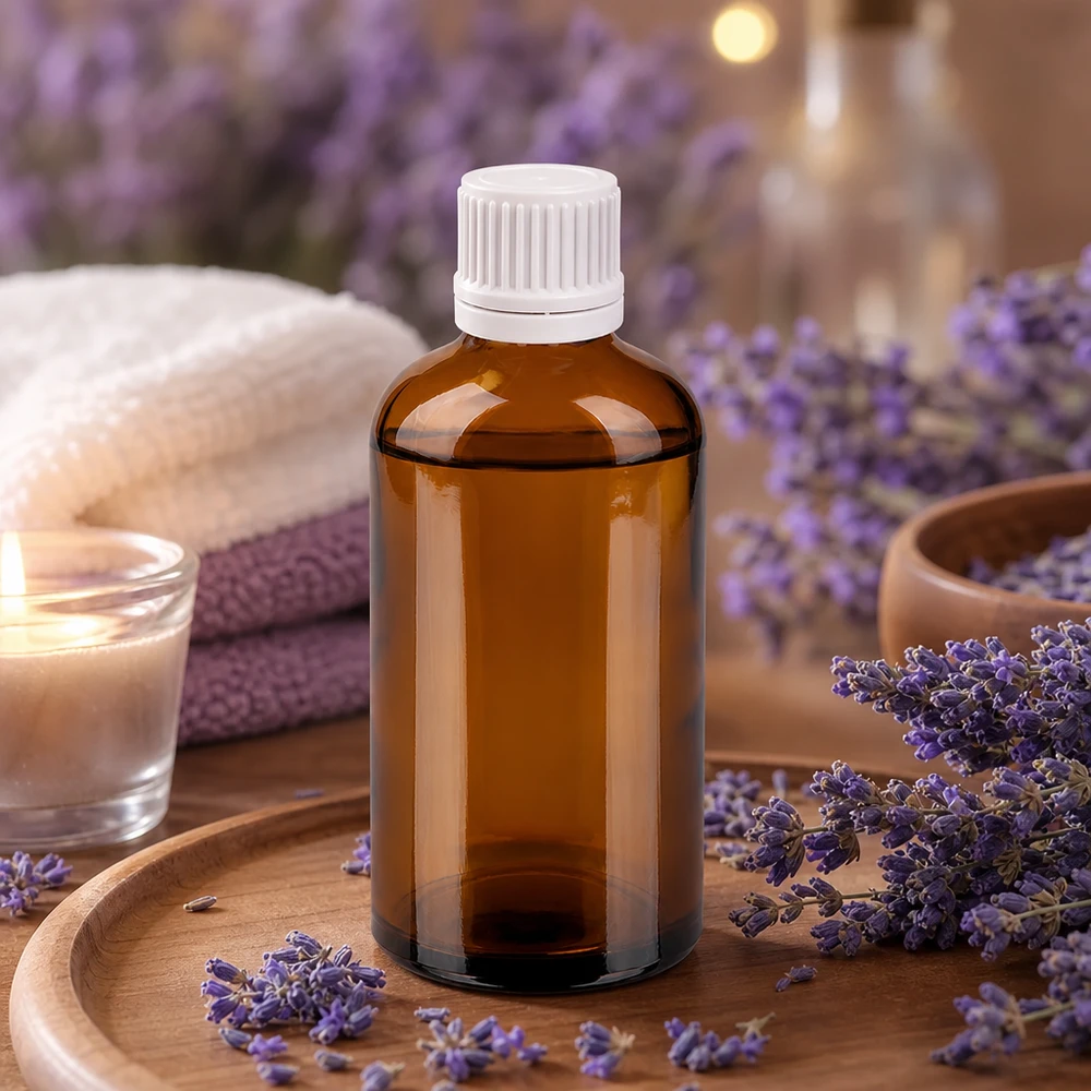 Pequeño frasco de vidrio de 100 ml en tonos marrones ideal para aplicaciones de aromaterapia y bienestar