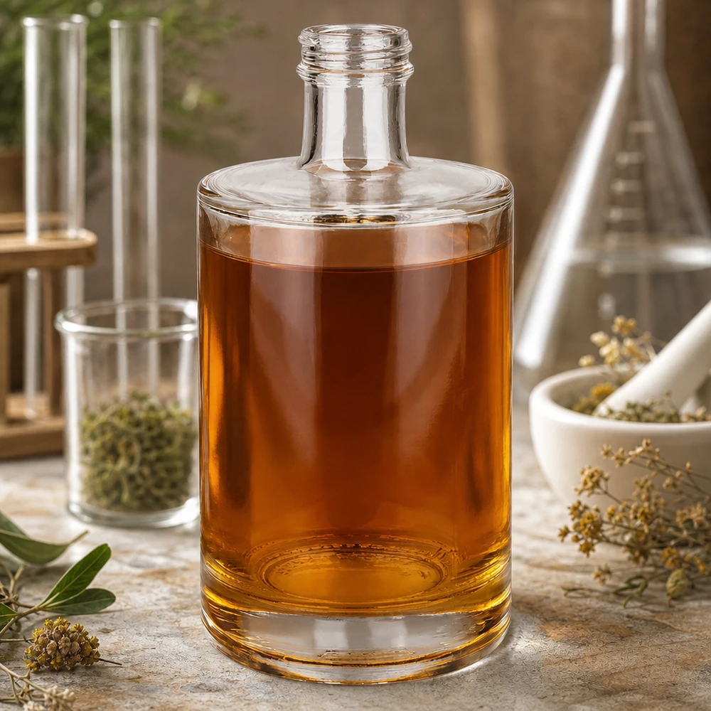 Botella de vidrio de 500 ml «Sam» sin tapón de rosca UNiTWIST® 500ml Glasflasche Sam mit bernsteinfarbener Flüssigkeit Labor-Atmosphäre Kräuter Mörser Reagenzgläser Apotheker-Stil