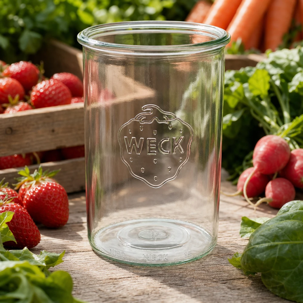 Vasos WECK 1000ml RR100 con logotipo sobre mesa de madera rodeados de fresas, rábanos y verduras frescas