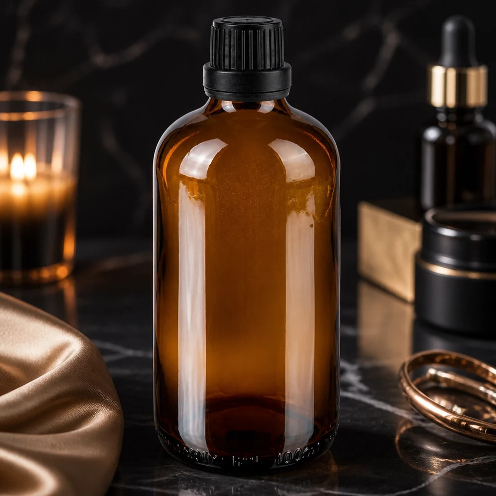 Botella de farmacia marrón 100ml tapón cuentagotas premium 2mm cierre inviolable negro Frasco de farmacia marrón de 100 ml con tapón OV a prueba de niños sobre una superficie de mármol negro