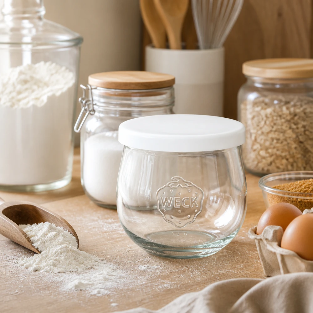 WECK tarro tulipán 370ml con tapa de silicona blanca en una cocina rústica entre harina, huevos y otros tarros de almacenamiento
