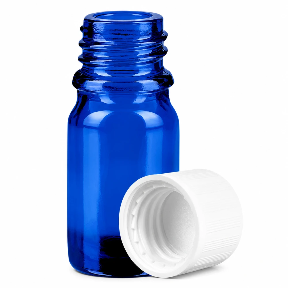 Botella 5ml 11mm tapón rosca blanco estándar precinto BlueLine UT18/5 Frasco de laboratorio de 5 ml de vidrio azul con rosca de 11 mm y tapón a prueba de niños