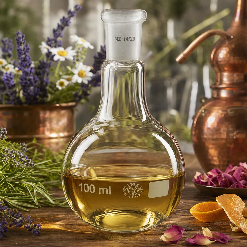 Frasco de pie de 100 ml con solución de color dorado y junta esmerilada estándar 14/23 para procedimientos de extracción