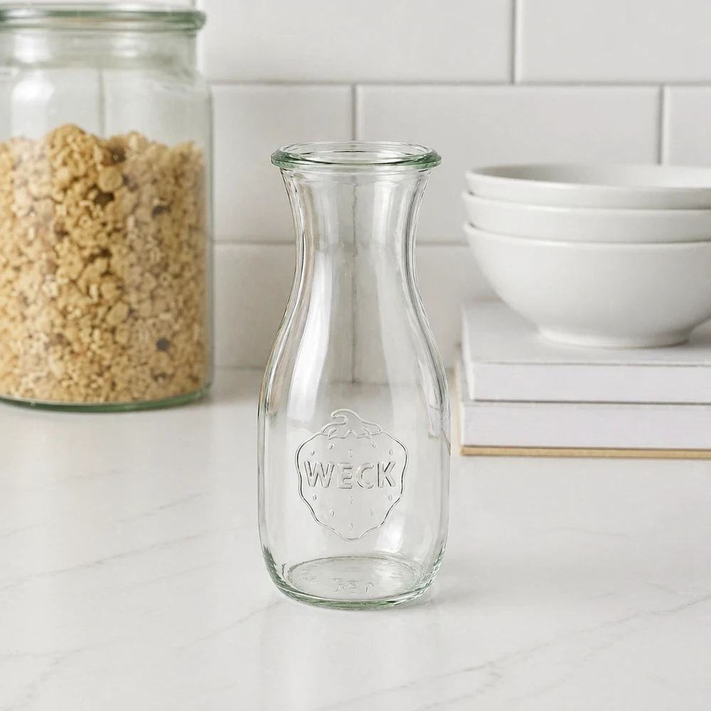 Botella vacía de zumo WECK 530ml RR60 con relieve de fresa en cocina blanca moderna junto a tarros y cuencos de almacenaje