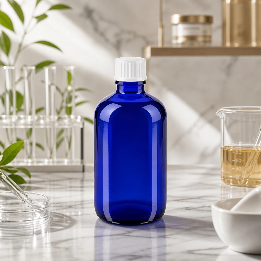 Frasco opaco de 100 ml, de color azul cobalto, con tapón de seguridad blanco, en el laboratorio