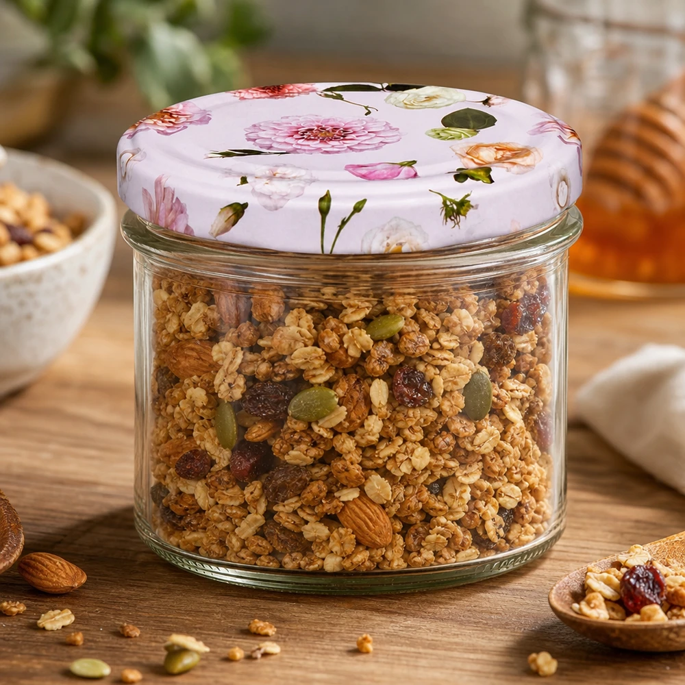 Muesli granola en tarro de 225 ml con tapa de flor rosa: almacenamiento versátil para alimentos y aperitivos