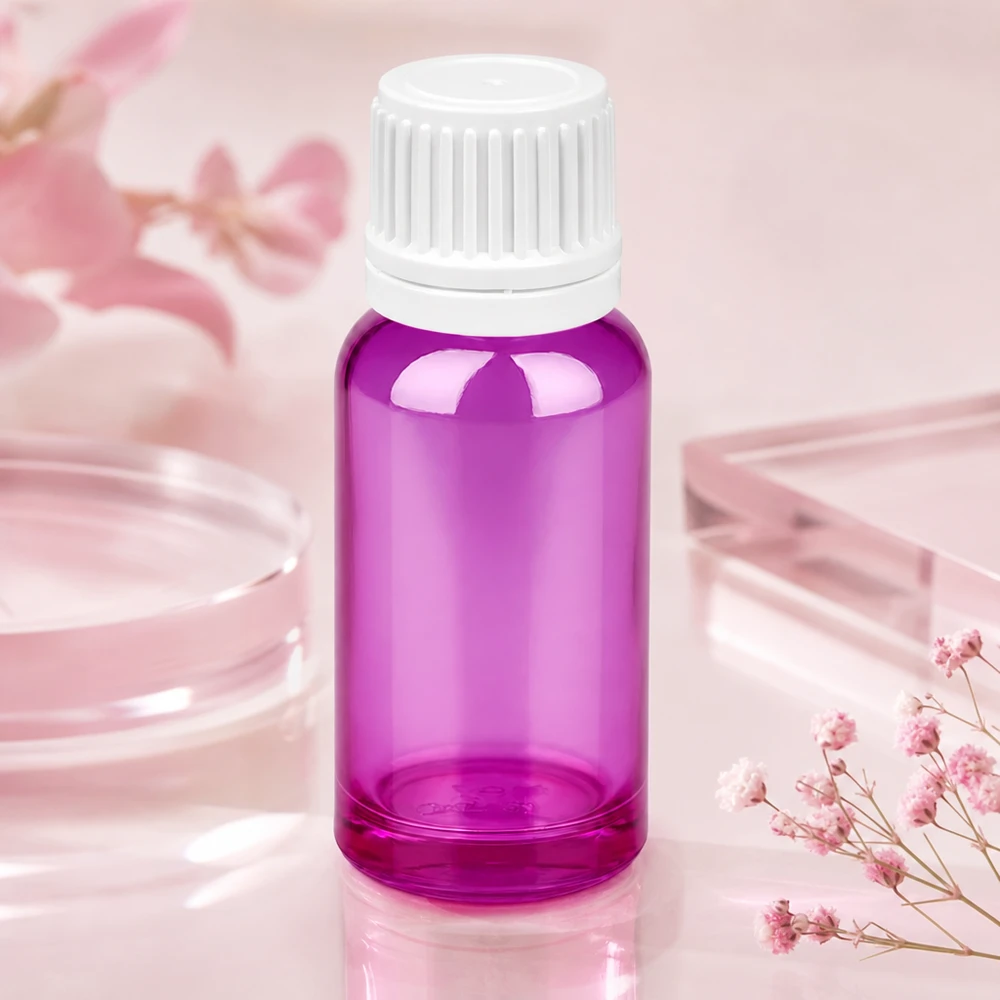 Frasco de 20 ml de vidrio de borosilicato violeta de alta calidad con tapón blanco para uso farmacéutico