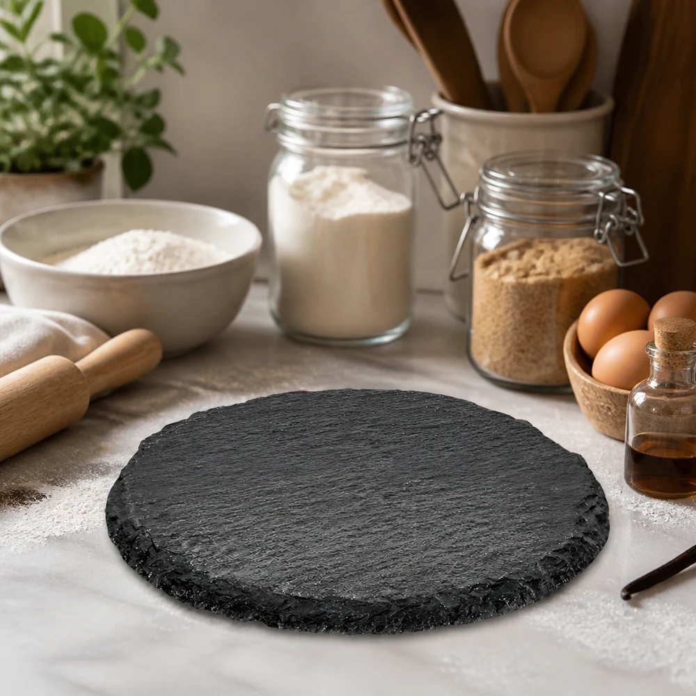 Bandeja de pizarra redonda Ø 150mm Runde Schieferservierplatte 15cm inmitten von Backzutaten und Küchenutensilien als stilvolle Arbeitsunterlage